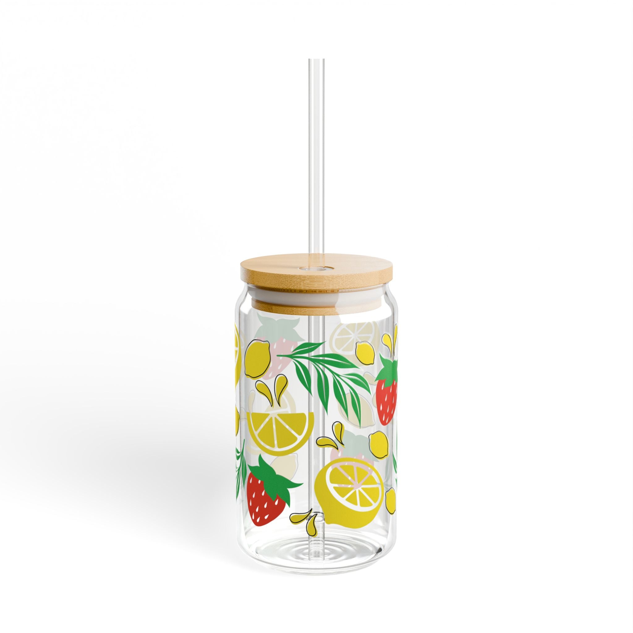 16oz Lemon Strawberry Sipper Glass with Bamboo Lid & Straw — Summer Fruit Drink Tumbler