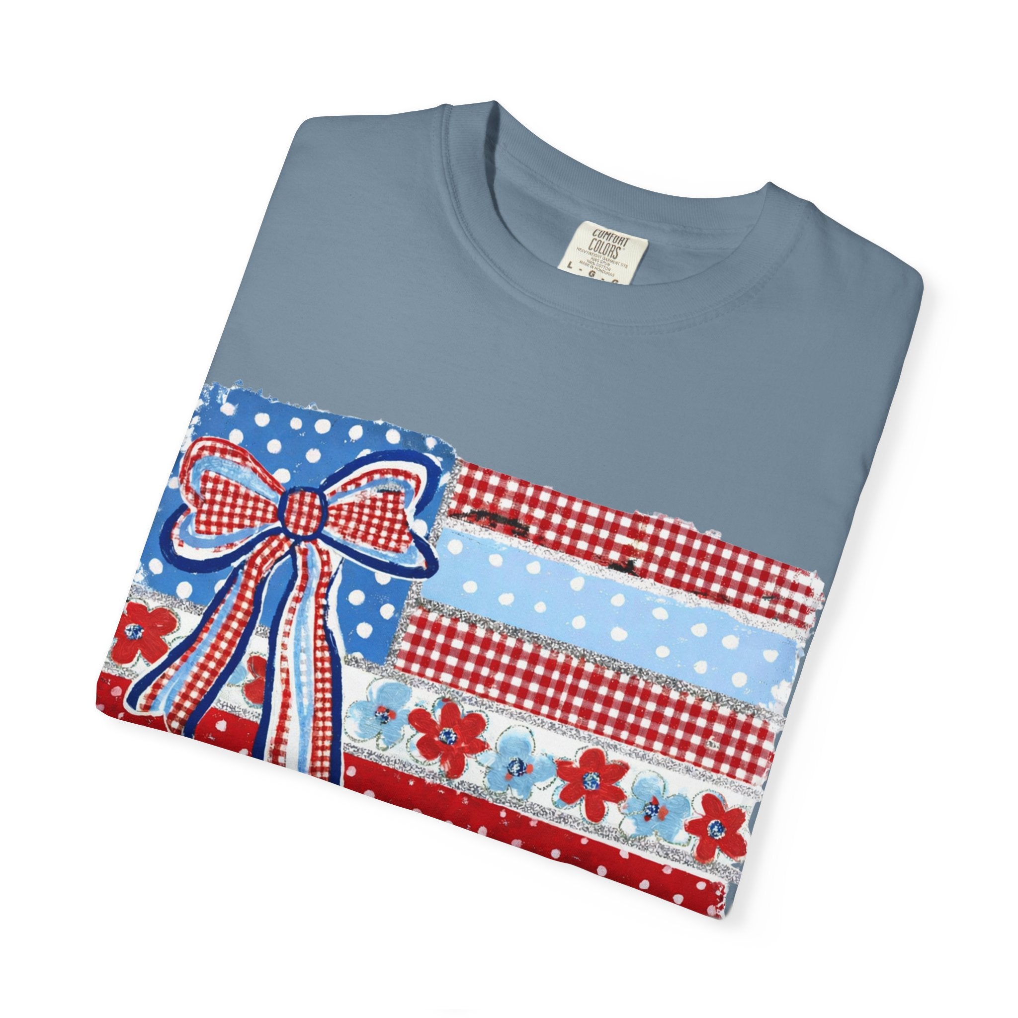 Patriotic Patchwork Flag T-Shirt — Red White & Blue Bow Tee