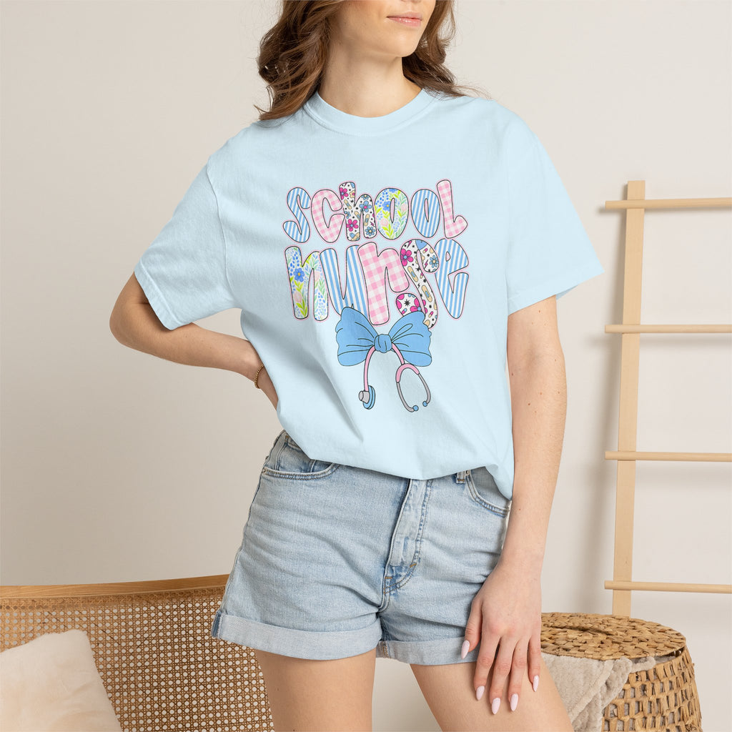 School Nurse T-Shirt — Cute Pastel Medical Design with Stethoscope & Bow