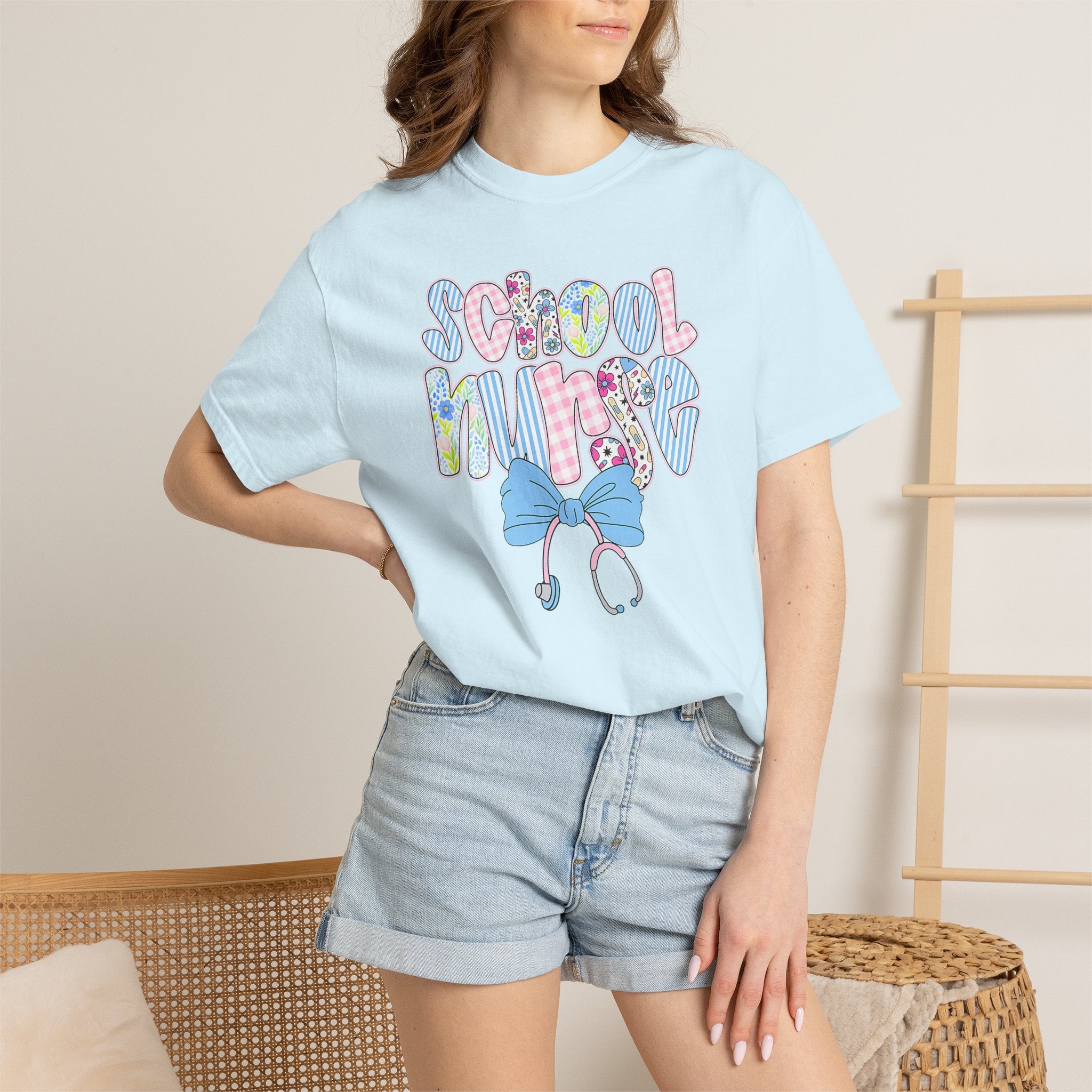 School Nurse T-Shirt — Cute Pastel Medical Design with Stethoscope & Bow