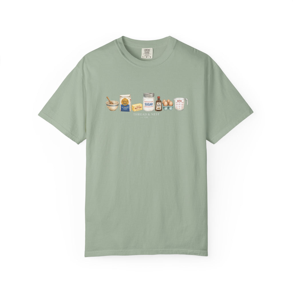 Baking Ingredients T-Shirt — Cute Illustrated Flour, Eggs & Milk Kitchen Tee