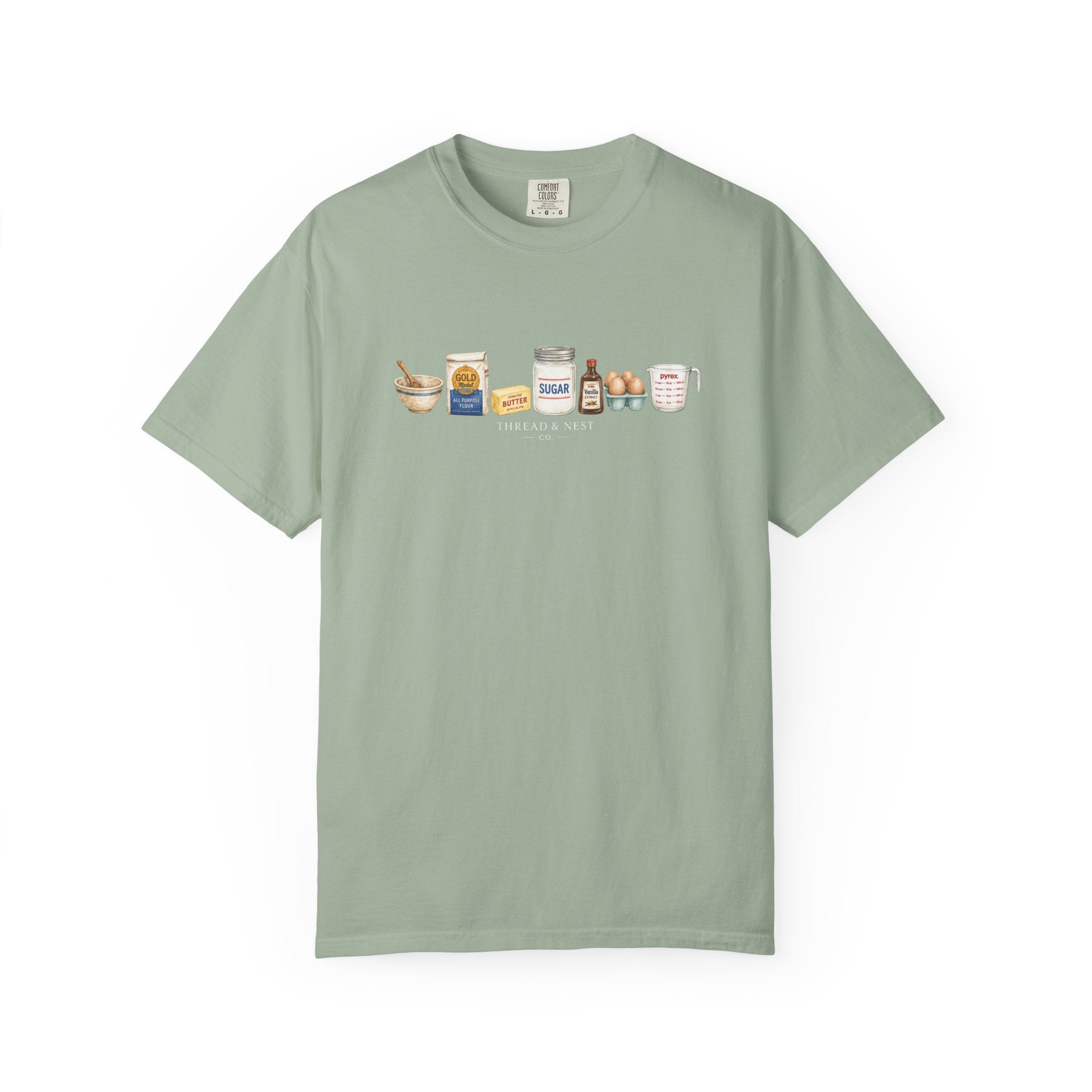 Baking Ingredients T-Shirt — Cute Illustrated Flour, Eggs & Milk Kitchen Tee