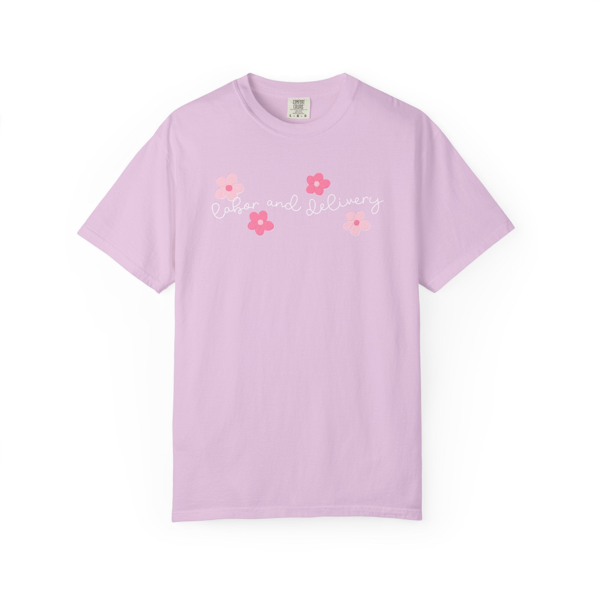 T-Shirt — “Labor and Delivery” Pink Flower Script Tee