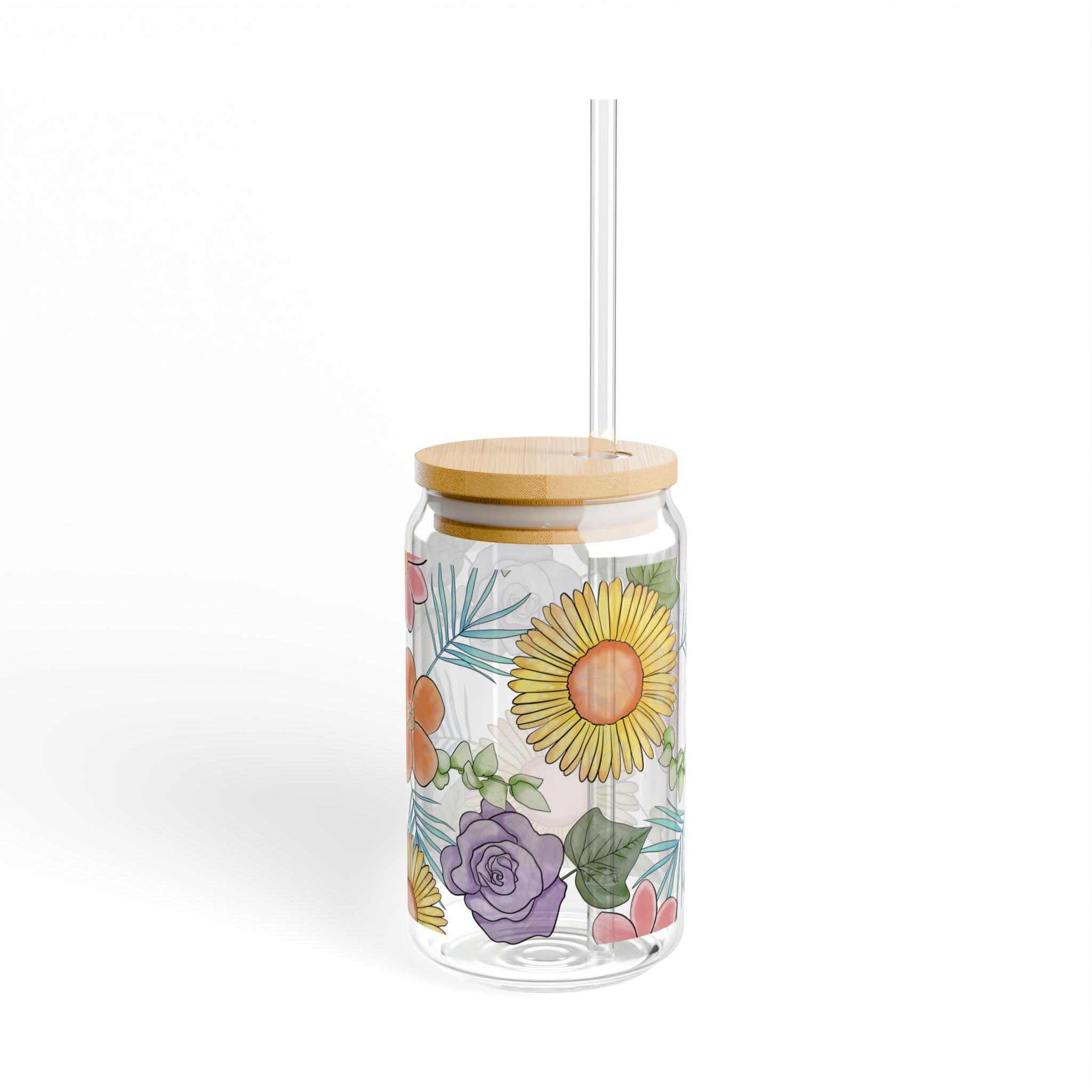 Floral Sipper Glass, 16oz — Bamboo Lid Reusable Drink Jar