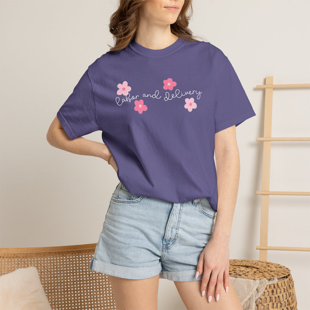 T-Shirt — “Labor and Delivery” Pink Flower Script Tee