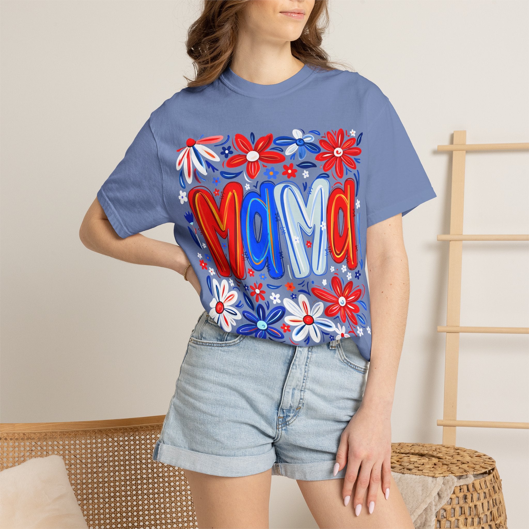 Mama Floral T-Shirt — Patriotic Red, White & Blue Mother's Day Tee