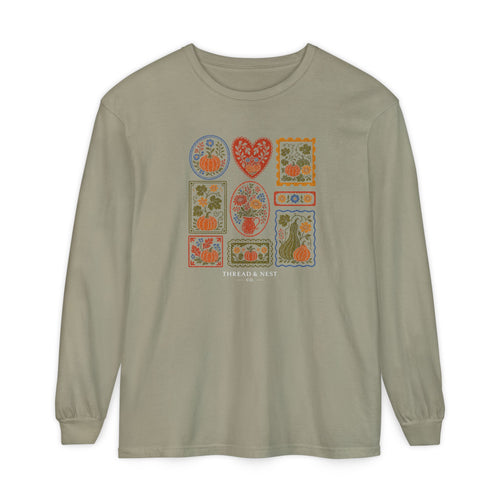 Botanical Patchwork Long Sleeve Tee — "Thread & Nest" Graphic