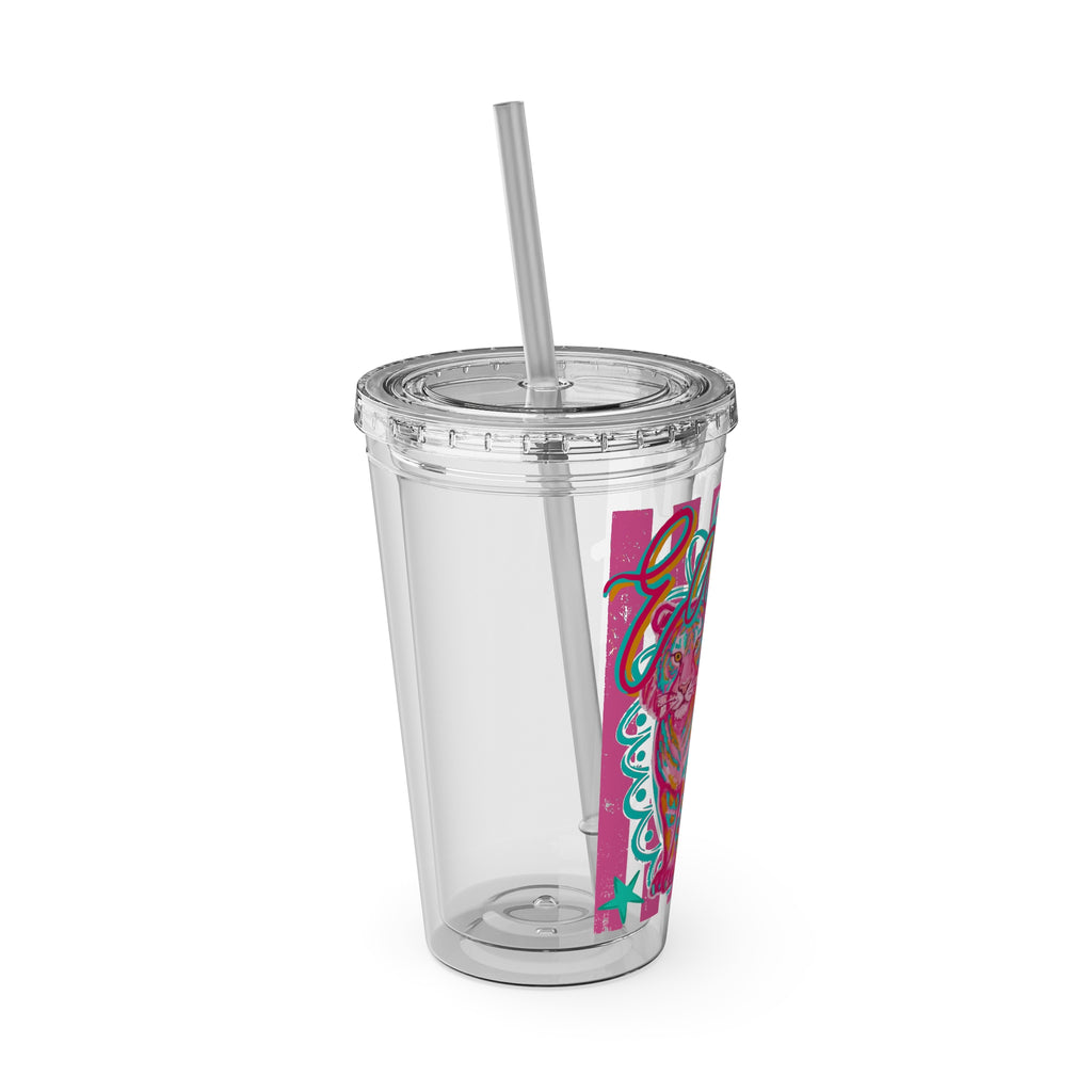 16oz Sunsplash Tumbler with Straw — Colorful 'Easy' Tiger Design