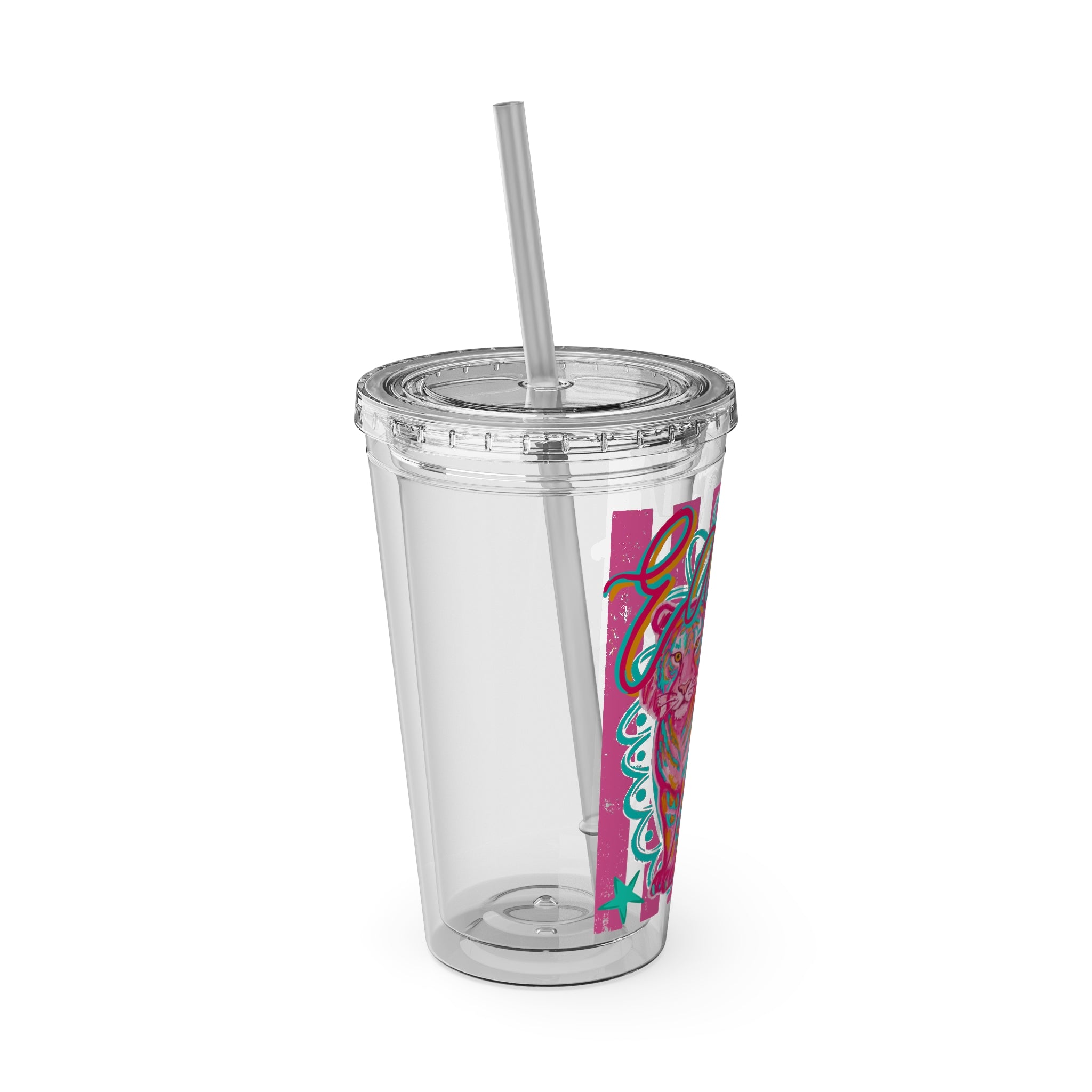 16oz Sunsplash Tumbler with Straw — Colorful 'Easy' Tiger Design