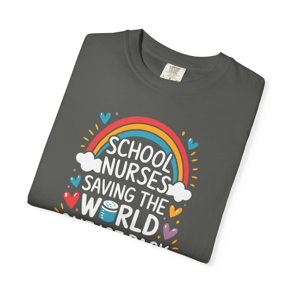 School Nurse T-Shirt — "Saving the World One Ice Pack at a Time" Cute Rainbow Graphic