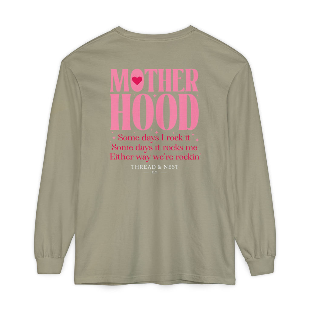 Motherhood Long Sleeve Tee — Pink Retro Heart Graphic