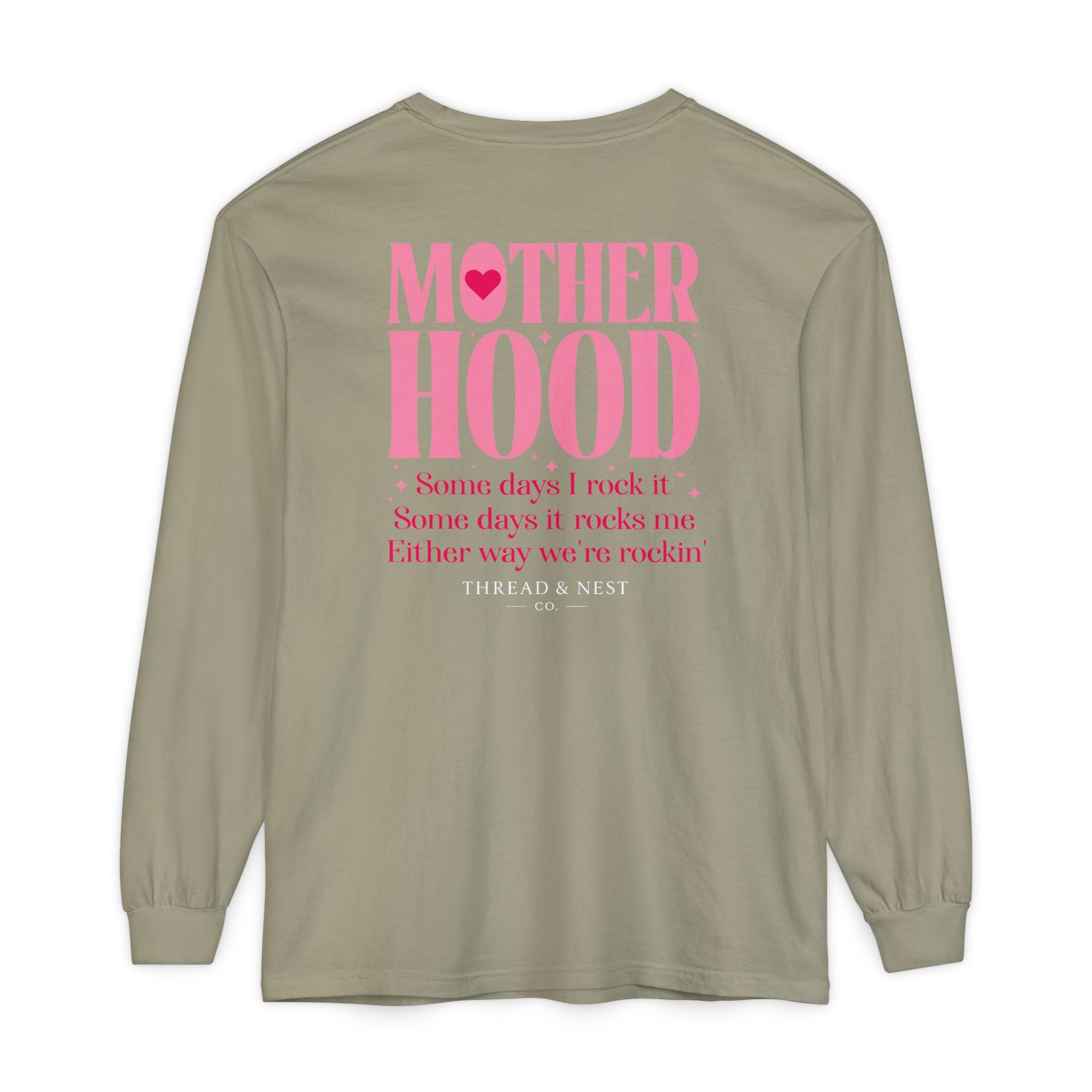 Motherhood Long Sleeve Tee — Pink Retro Heart Graphic