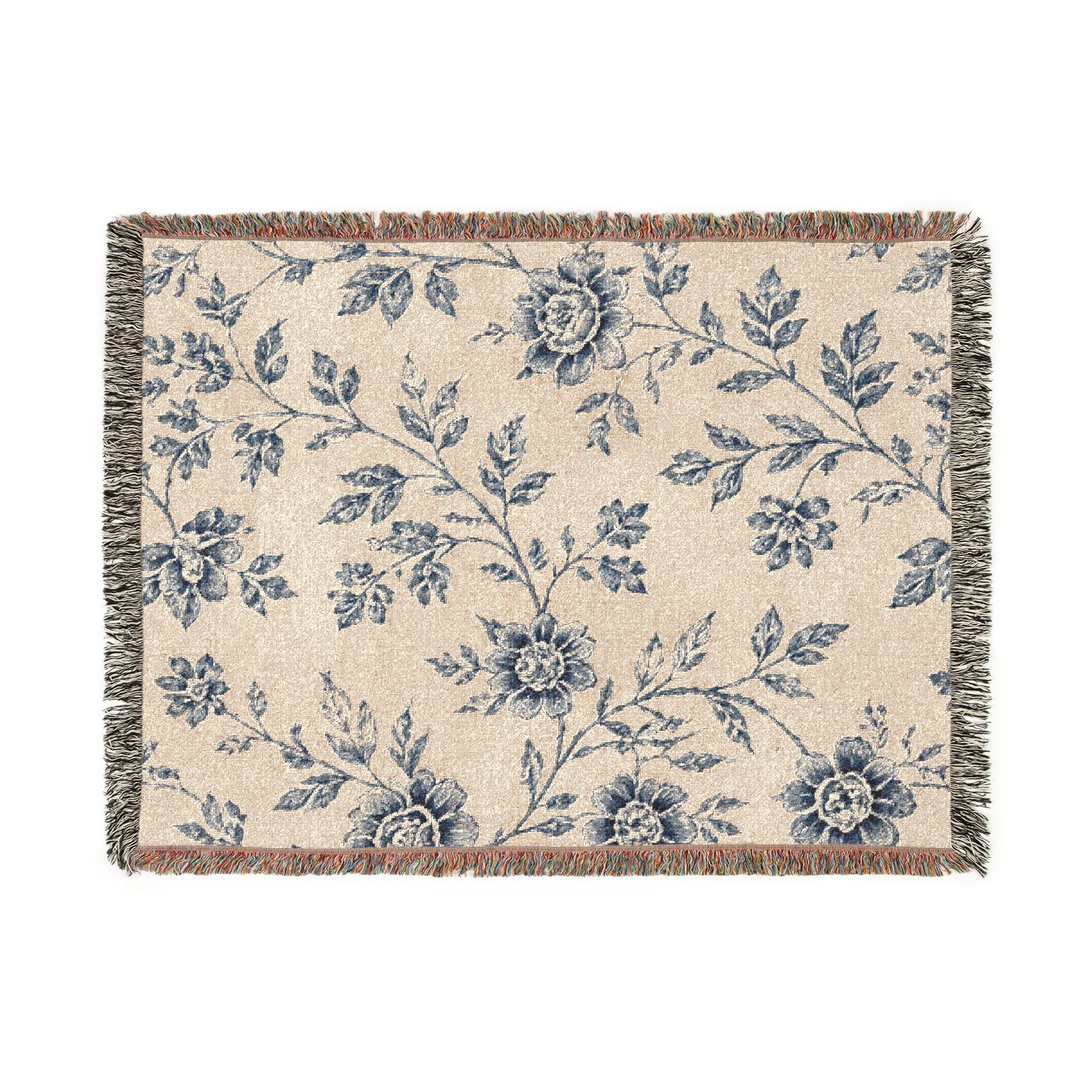 French Toile Woven Blanket — Vintage Floral Fringe Throw Blanket