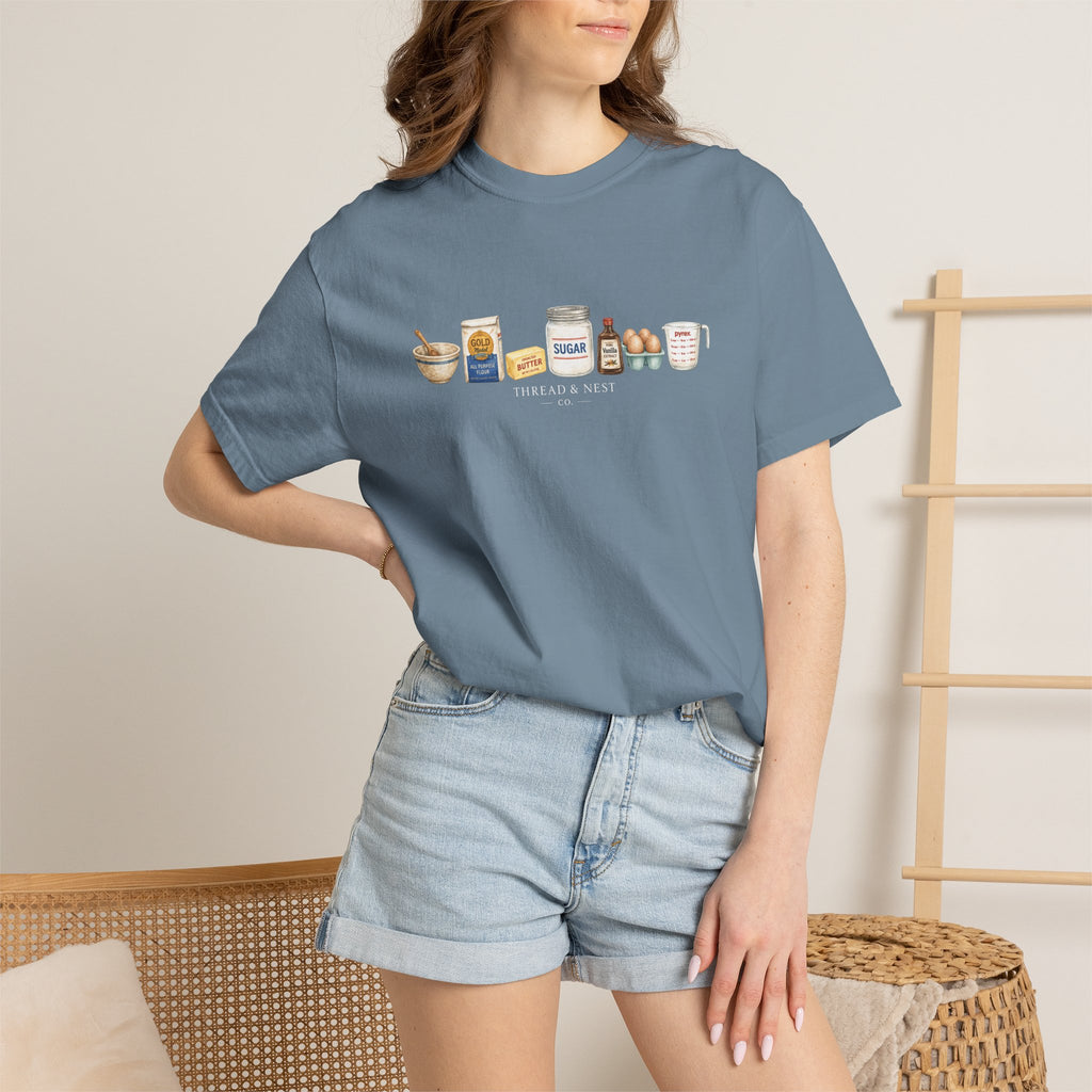 Baking Ingredients T-Shirt — Cute Illustrated Flour, Eggs & Milk Kitchen Tee