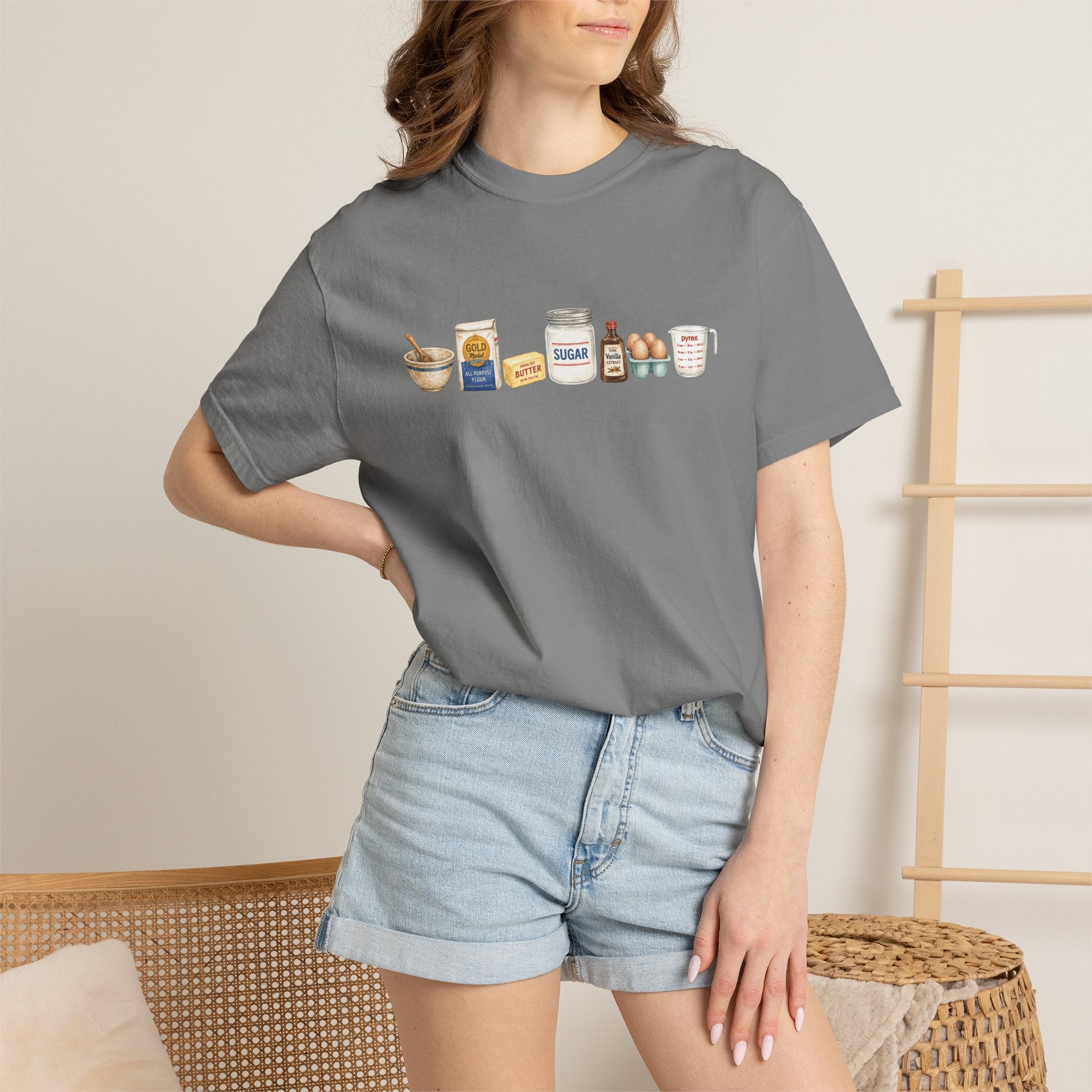 Baking Ingredients T-Shirt — Cute Illustrated Flour, Eggs & Milk Kitchen Tee